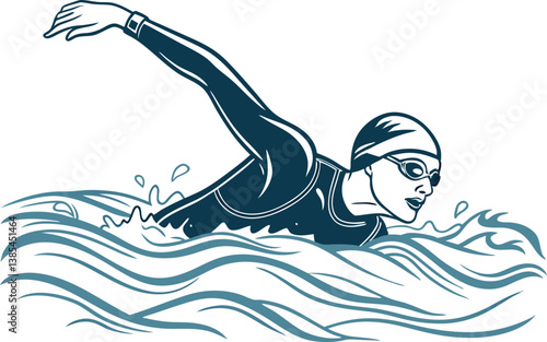 Vector Art of Triathlete Swimming with Goggles in Open Water