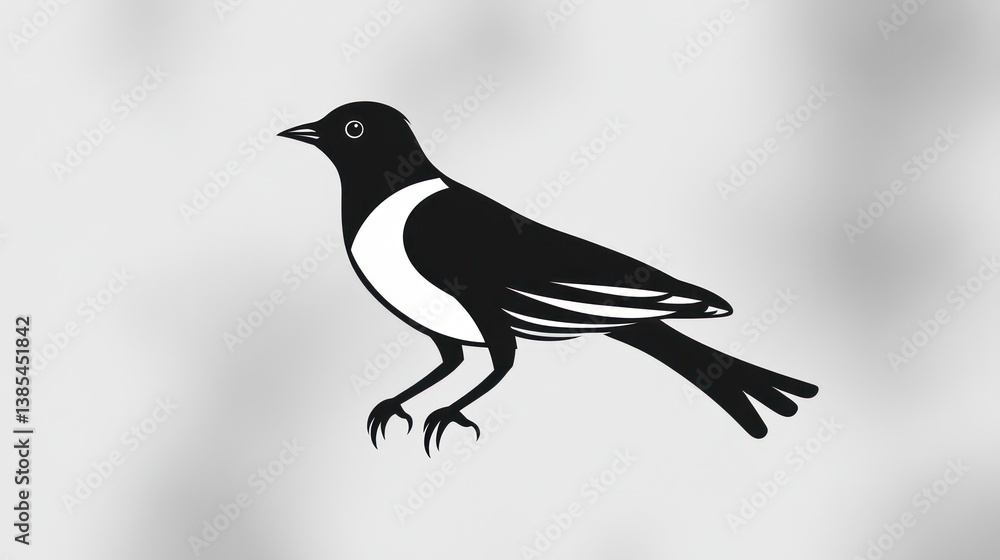 Fototapeta premium Black and White Bird Silhouette Against Light Gray Background