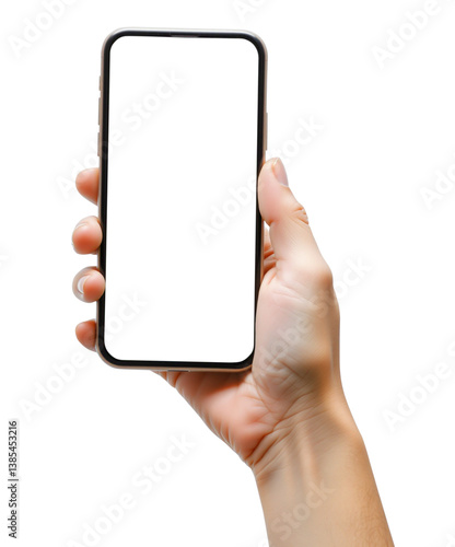 Hand holding a black smartphone on transparent background
