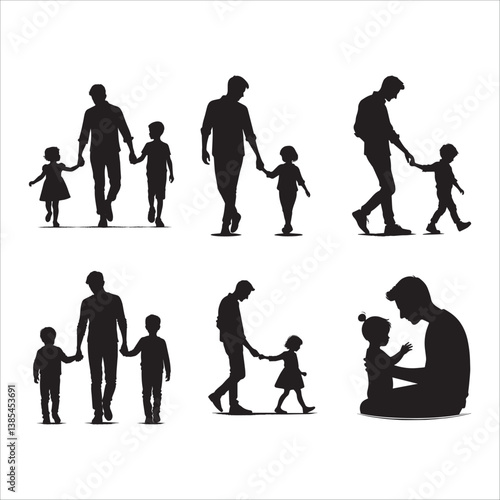 Heartwarming Father and Child Bonding Silhouette Illustrations- Walking, Holding Hands, and Sharing Special Moments.
