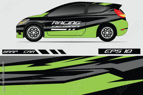 Sleek racing car design featuring dynamic green and black wrap, ideal for motorsport promotions