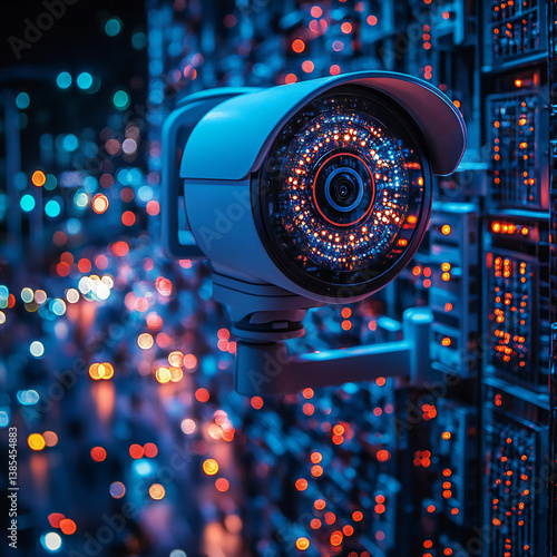 A futuristic security system with AI-powered surveillance cameras, motion detection, and real-time threat analysis