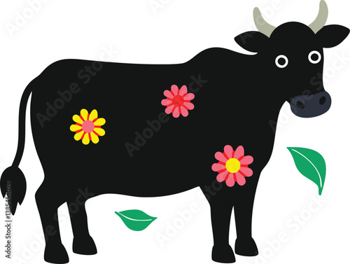Black cow over with flower silhouette illustration art