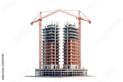 Construction site twin towers under construction cranes overhead, isolated on transparent background