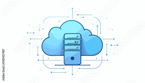 Technology concept illustration featuring outlined cloud with server and data cables in soft blue tones
