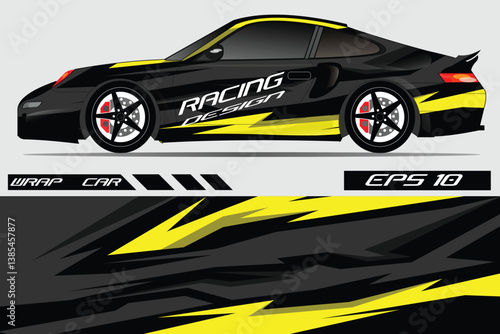 Sleek black racing car design with yellow accents showcased against a minimalist background