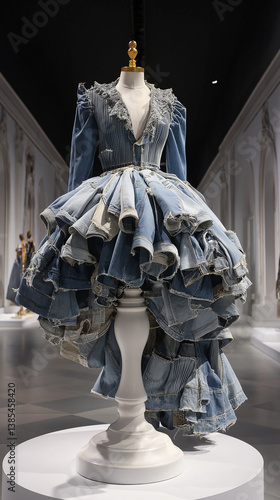 Ballgown made of deconstructed denim jackets, raw seams, on rotating pedestal in dark gallery. Ironic elegance meets DIY chaos. Generative AI