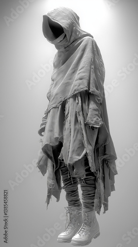 Deconstructed tunic with raw hems, long sleeves, and sculptural shoulders in a cold industrial setting with harsh light. Generative AI