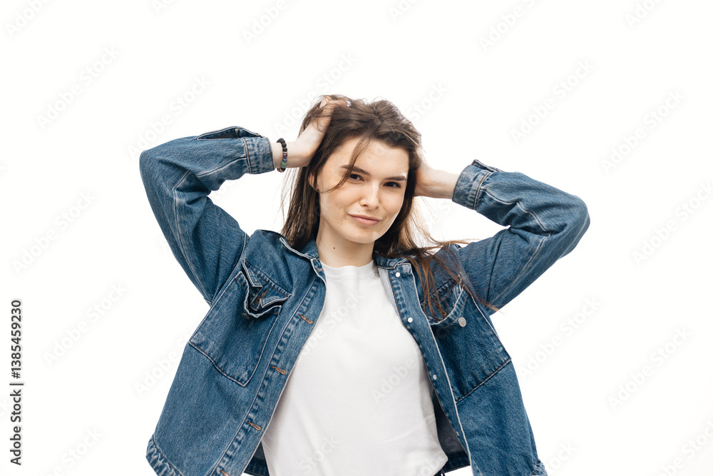 Smiling, stylish, young woman posing on white background. Student teenager in denim clothes. Concept of style, fashion and happiness. Smiling, stylish, young woman posing on white background. Student teenager in denim clothes. Concept of style, fashion and happiness.