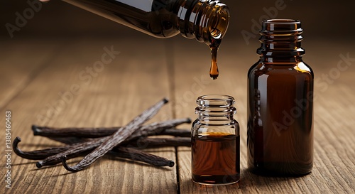 Pouring Liquid Extract Into Small Glass Bottle with Vanilla Beans
