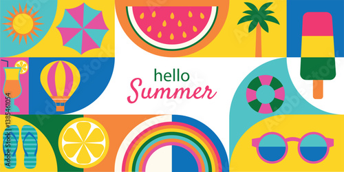 Hello Summer. Vibrant design of website, background, social media banner, travel ad, marketing material