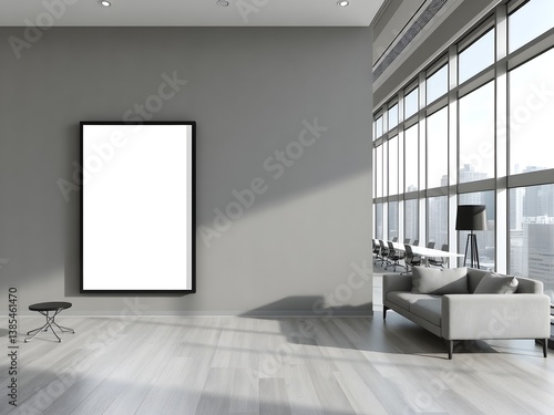 Modern corporate office with huge blank framed poster on grey wall
