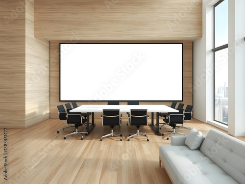 Modern corporate office with big blank framed poster on wooden wall