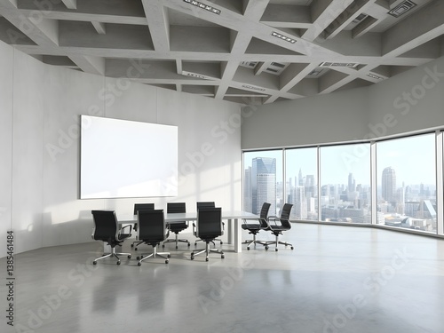 Modern corporate office with huge blank framed poster on grey wall