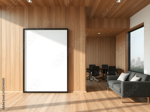 Modern Japandi style office with huge blank framed poster on wooden wall