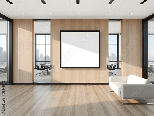 Tech-Industrial Minimalist office with blank framed poster on wooden wall
