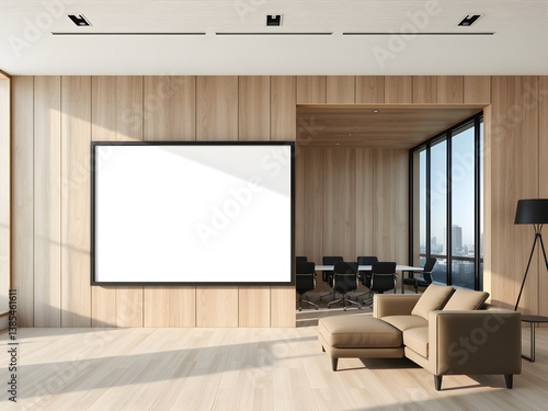 Modern Scandinavian office with huge blank framed poster on wooden wall