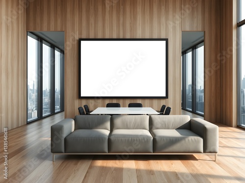 Modern corporate office with huge blank framed poster on wooden wall