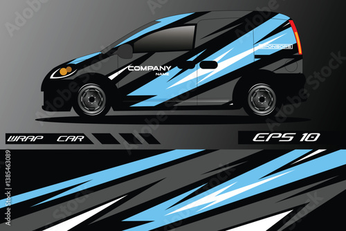 Stylishly Wrapped Car with Dynamic Blue and Black Stripes on a Gray Background, Ideal for Promotions