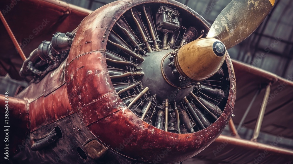 Fototapeta premium Vintage Biplane Engine in Hangar