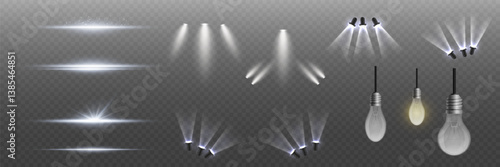 Set of realistic light flashes and light source. Spotlight and lines light.