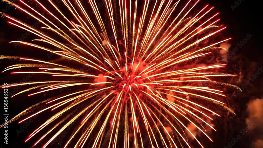 Radiant Burst: A Stunning Firework Display Illuminating the Night Sky with Fiery Gold and Vibrant Red.