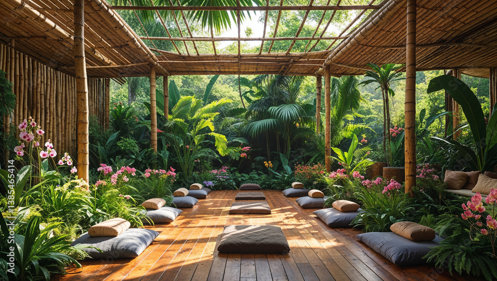 Fototapeta premium Serene Outdoor Yoga Studio With Bamboo Structure And Lush Greenery