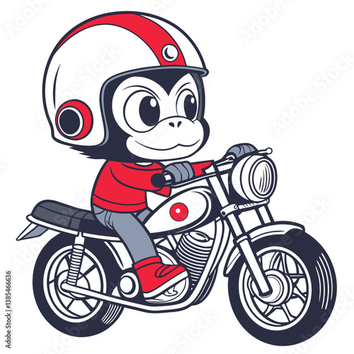 cute monkey ride small classic motobike wearing classic helm in white background