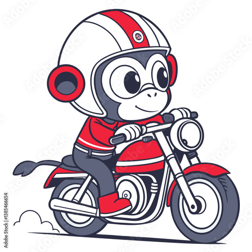 cute monkey ride small classic motobike wearing classic helm in white background