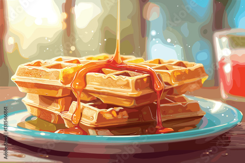 Waffle with strawberry and cherry decorated with caramel vector illustration manually created