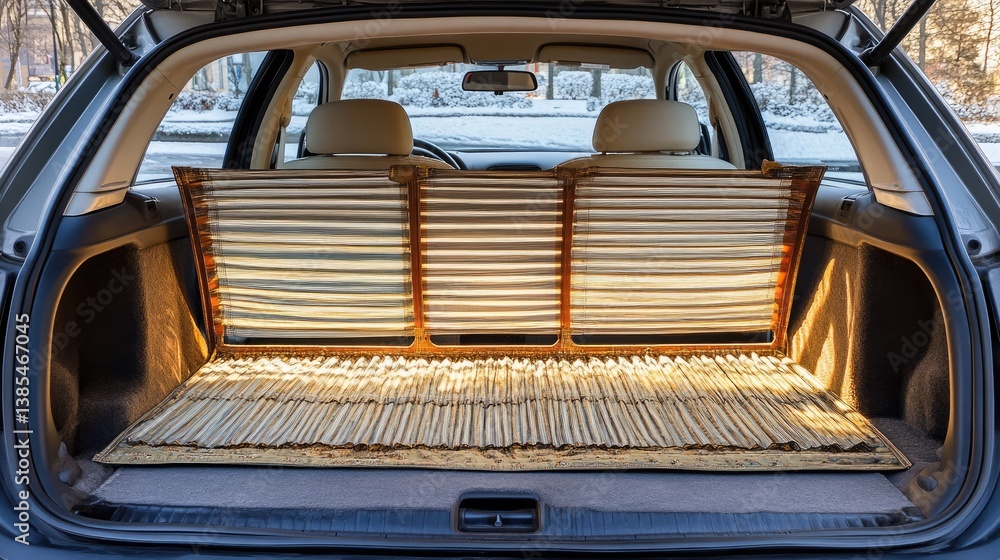 Fototapeta premium Multiple styles of sunshades laid out in car trunk for comparison