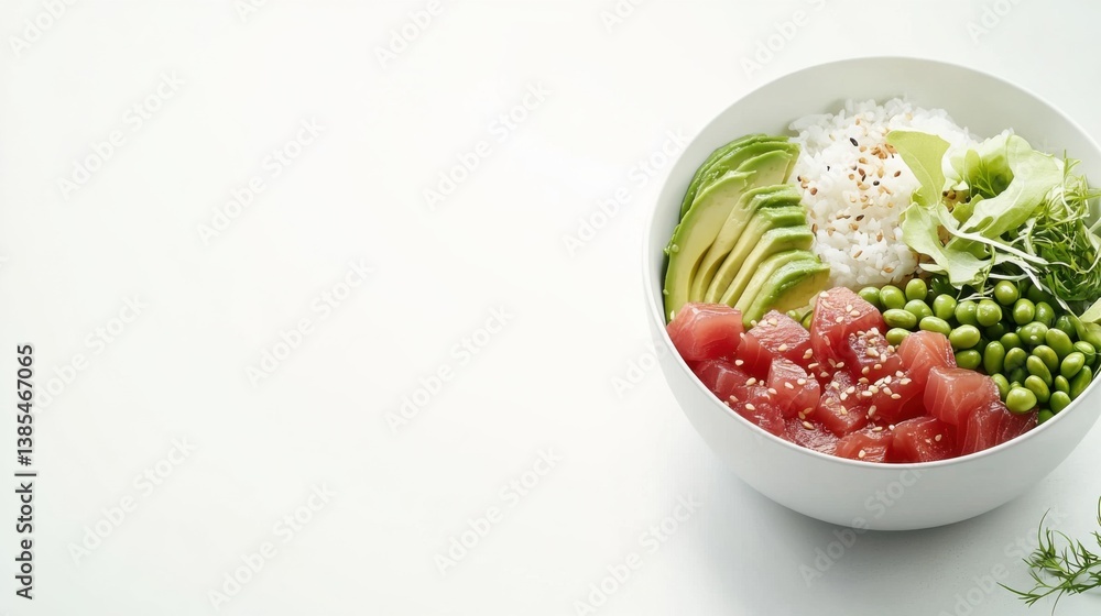 A vibrant poke bowl with fresh ingredients on a minimalist tabletop. Featuring health and creativity A vibrant poke bowl with fresh ingredients on a minimalist tabletop. Featuring health and creativity