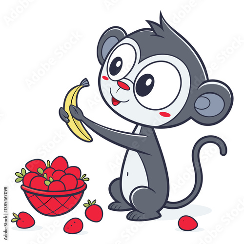 cute monkey looting fruits in floor in white background