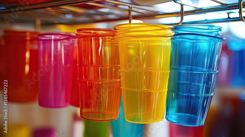 PET plastic cups drying upside down on a drying rack