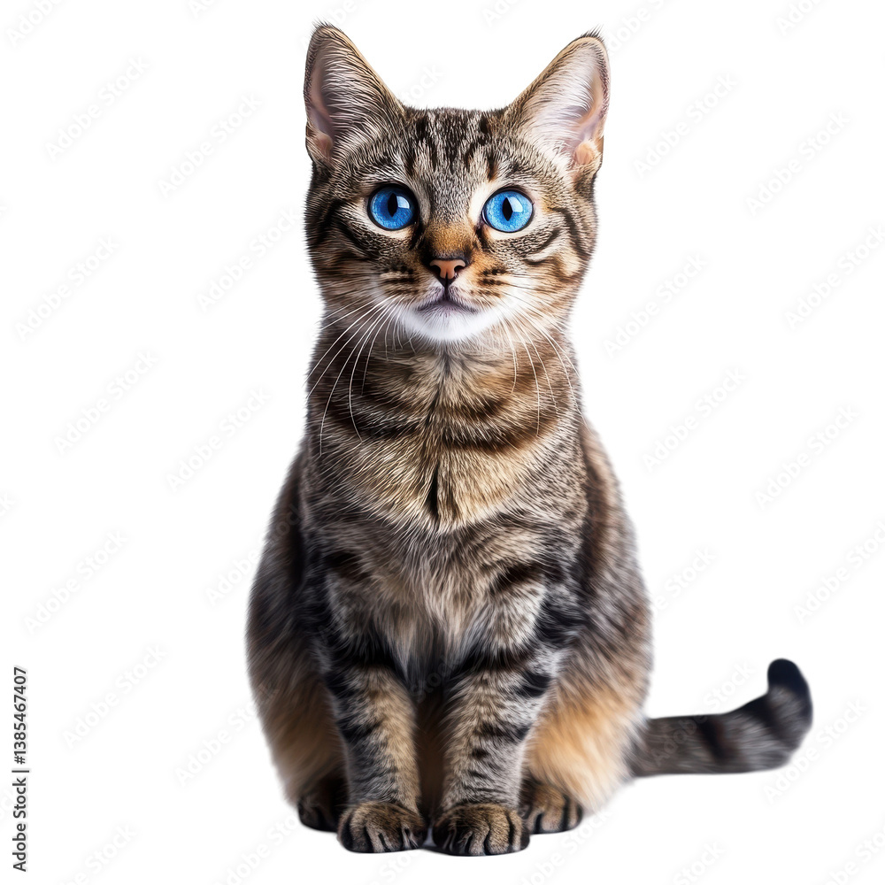 Fototapeta premium Adorable tabby cat with striking blue eyes sitting on black background isolated on transparent background