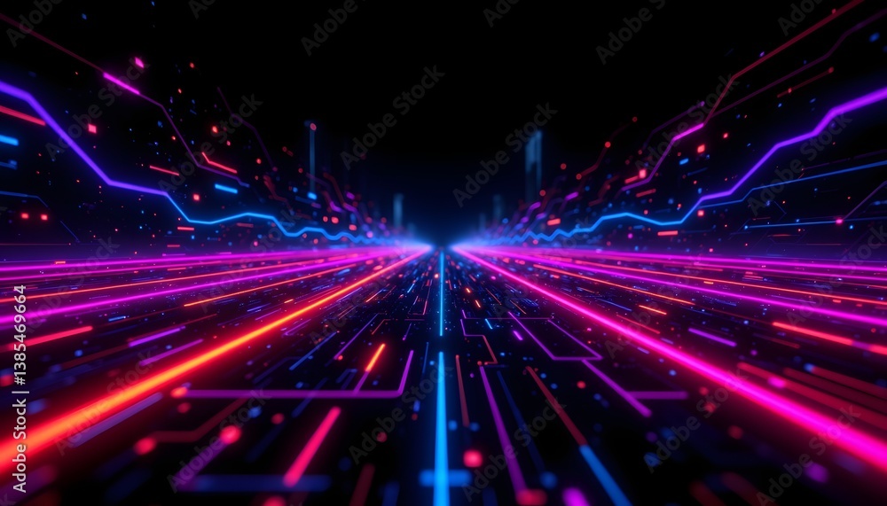 Fototapeta premium A stunning visual composition of vibrant neon colored energy lines, spheres, and pulses set against a sleek black background