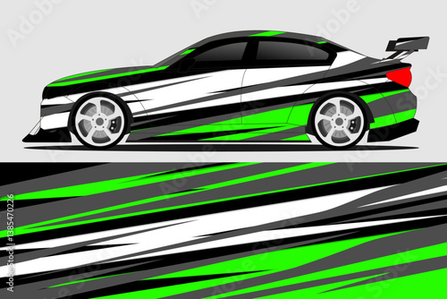 Sleek racing car design with dynamic green and black stripes on a gray background, showcasing speed