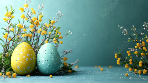 Colorful Easter Eggs and Greenery Arranged on Vibrant Blue Background for holiday and seasonal-themed designs.