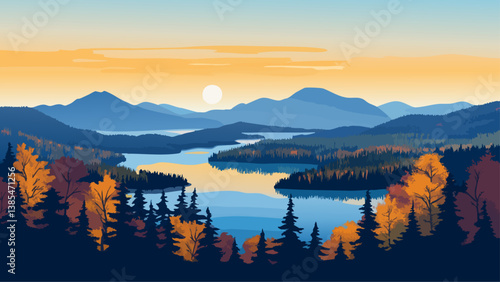 Adirondack High Peaks New York with Wild Lakes in Vector Art