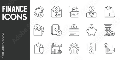 Financial Icon Set Representing Investments, Banking, and Market Symbols in Vector Style