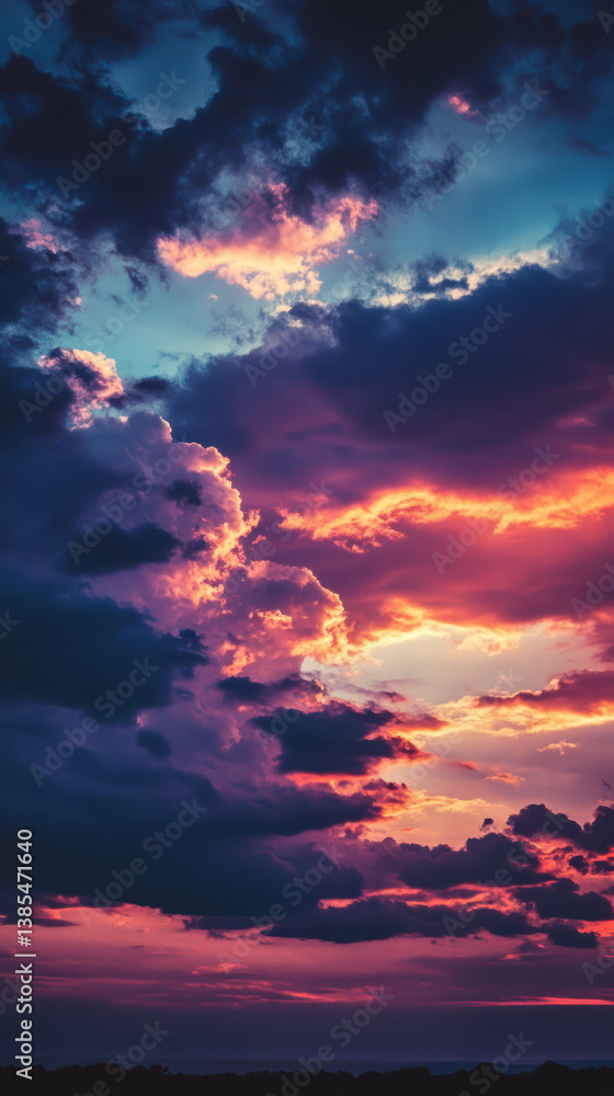 Obraz premium Dramatic Sky at Sunset: A breathtaking skyscape unfolds, with vibrant hues of red, orange, and purple paints the sky, punctuated by a contrast of dark, brooding clouds.
