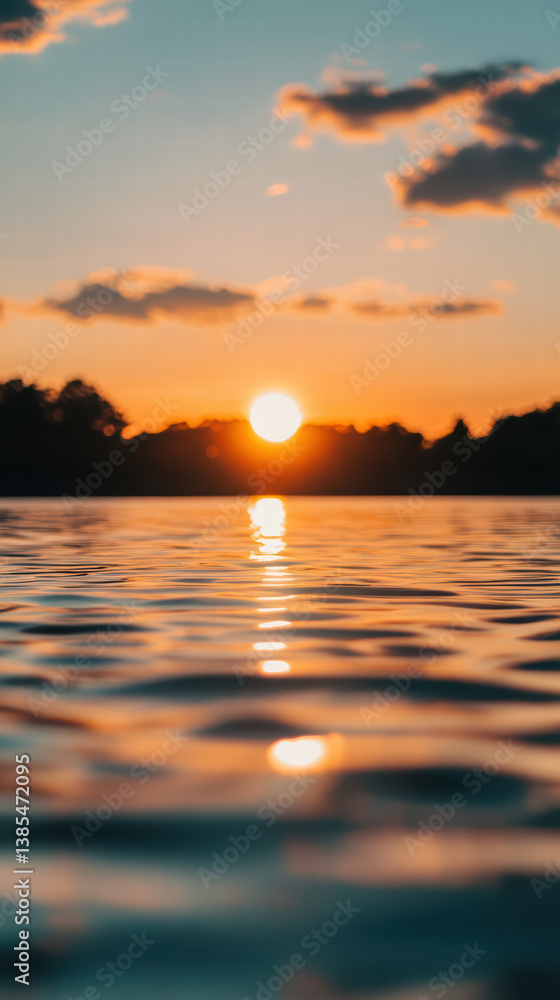 Naklejka premium Sunset Reflection: The sun descends, painting the sky with vibrant hues and casting a warm, golden glow on the serene water's surface, offering a moment of peace.