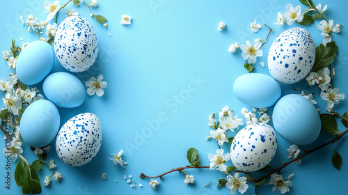 Colorful Easter Eggs and Greenery Arranged on Vibrant Blue Background for holiday and seasonal-themed designs.