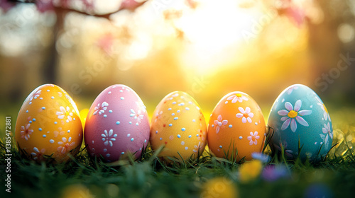 Colorful Easter Eggs on Grass with Floral Patterns and Soft Sunrise Light