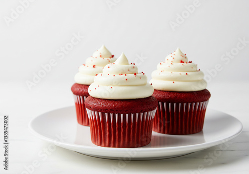 Three Red Velvet Cupcakes with Cream Cheese Frosting on White Plate
