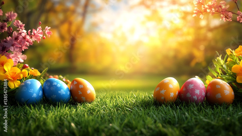 Beautiful Decorated Easter Egg on a Vibrant Spring Meadow and green grass under a glowing sunlight in spring.