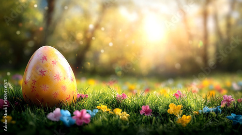 Beautiful Decorated Easter Egg on a Vibrant Spring Meadow and green grass under a glowing sunlight in spring.