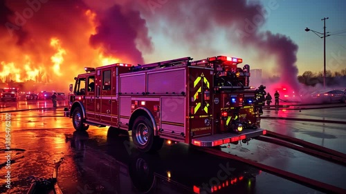 Firefighters battling a massive inferno at night. Dramatic scene of a large fire with emergency vehicles and firefighters in action.