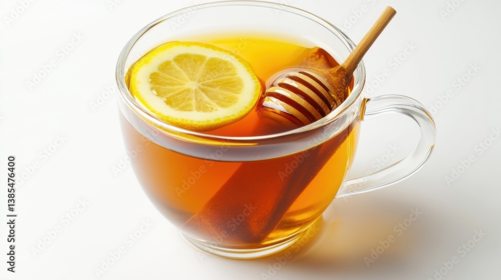 A warm cup of tea with honey and lemon slices. Featuring comfort and relaxation A warm cup of tea with honey and lemon slices. Featuring comfort and relaxation