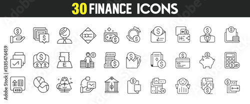 Financial Icons Set Featuring Stock Market, Investment, and Currency Symbols in Vector Style